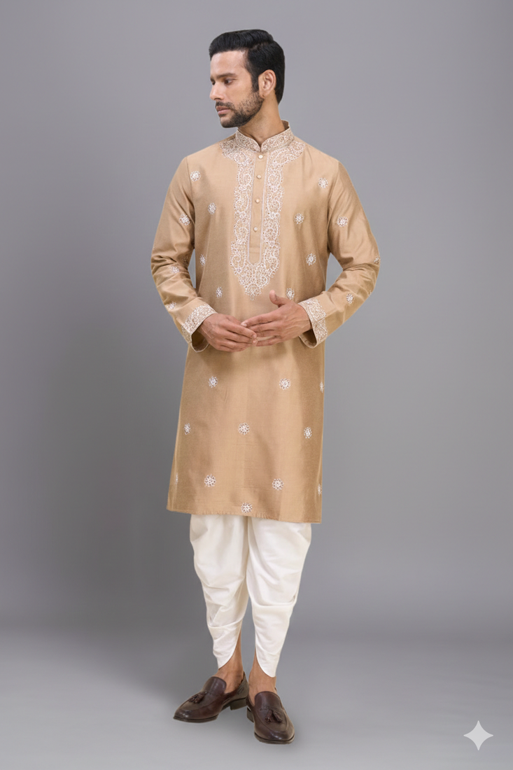 fawn embroidered silk men’s kurta patiala set