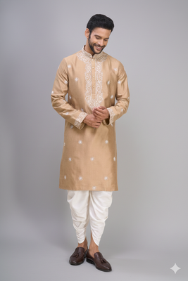 fawn embroidered silk men’s kurta patiala set 2