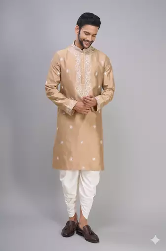 fawn embroidered silk men’s kurta patiala set