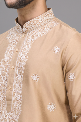 fawn embroidered silk men’s kurta patiala set 3