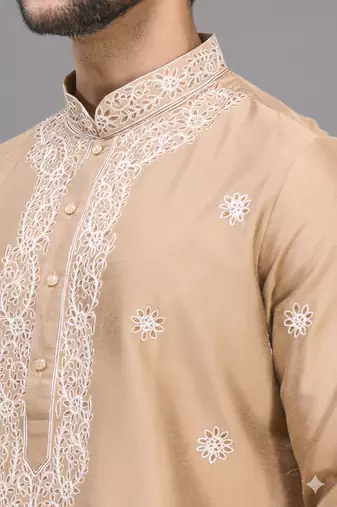 fawn embroidered silk men’s kurta patiala set