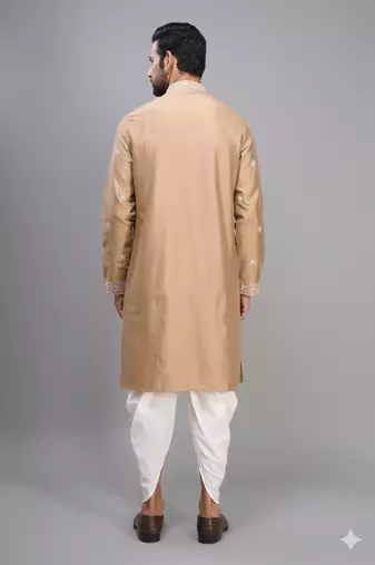 fawn embroidered silk men’s kurta patiala set