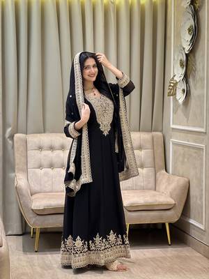 Black color faux georgette embroidery work long party wear gown 2