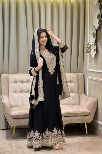 Black color faux georgette embroidery work long party wear gown