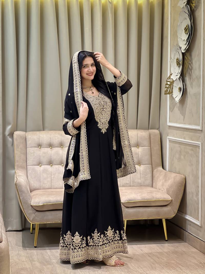 Black color faux georgette embroidery work long party wear gown