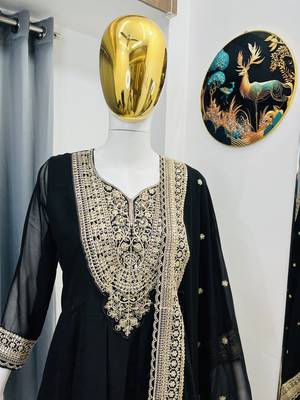 Black color faux georgette embroidery work long party wear gown 3