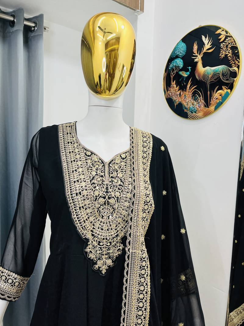 Black color faux georgette embroidery work long party wear gown