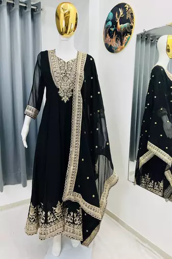 Black color faux georgette embroidery work long party wear gown