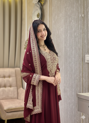 Maroon color faux georgette embroidery work long party wear gown 2