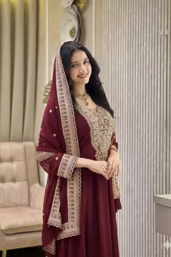 Maroon color faux georgette embroidery work long party wear gown