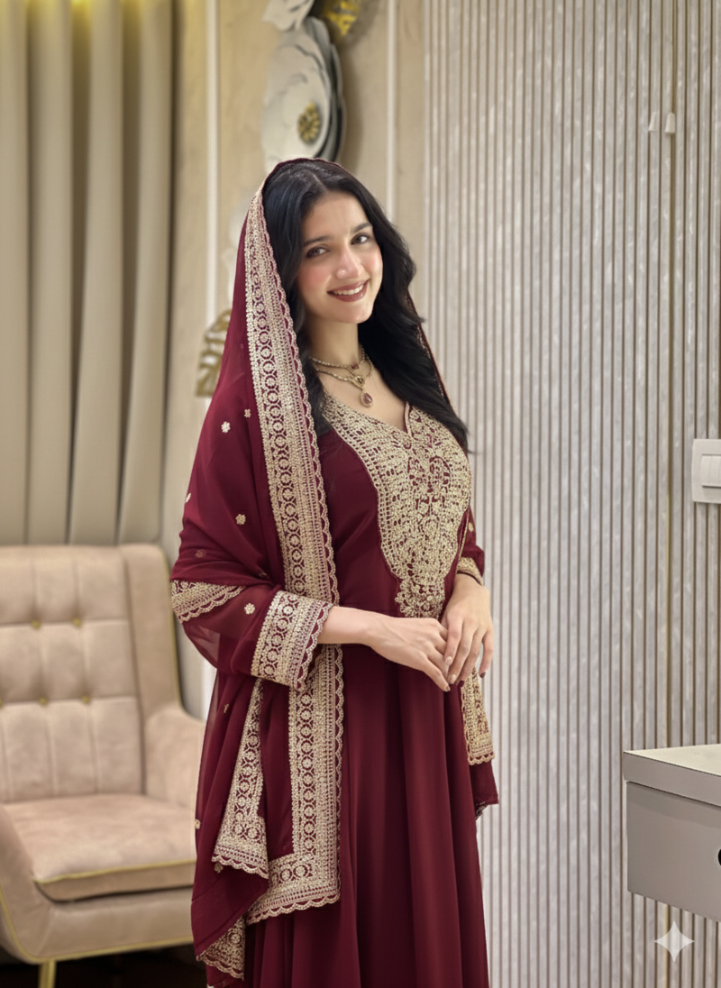 Maroon color faux georgette embroidery work long party wear gown