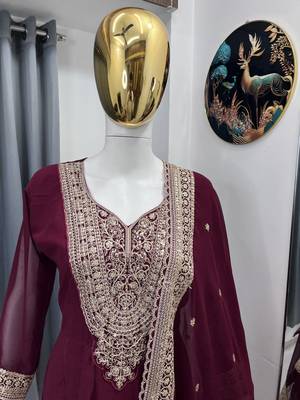 Maroon color faux georgette embroidery work long party wear gown 3