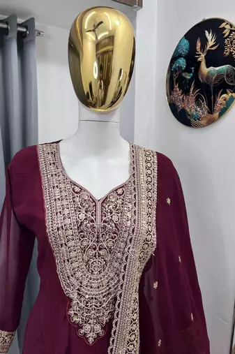 Maroon color faux georgette embroidery work long party wear gown