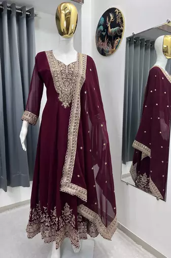 Maroon color faux georgette embroidery work long party wear gown