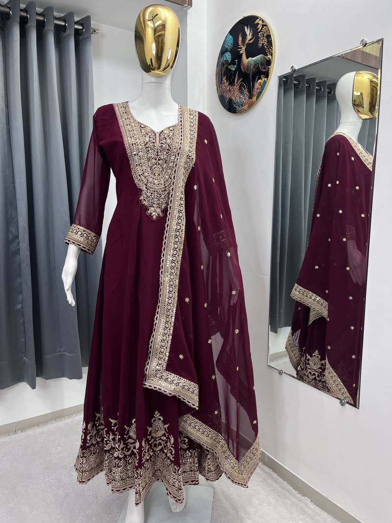 Maroon color faux georgette embroidery work long party wear gown
