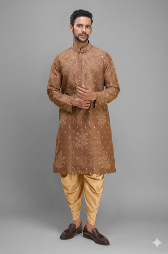chiku embroidered silk men’s kurta patiala set