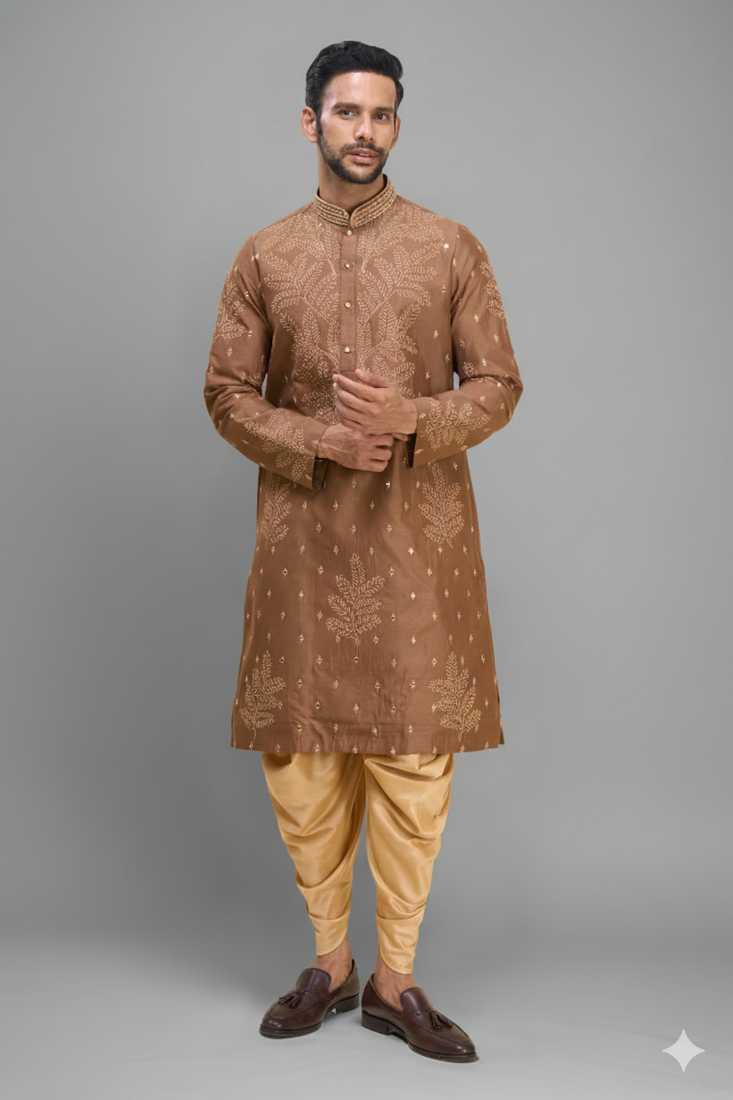chiku embroidered silk men’s kurta patiala set
