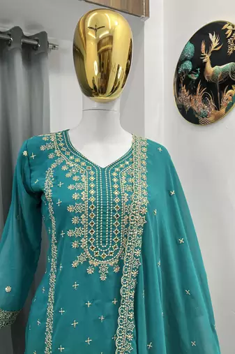 Teal color faux georgette embroidery work party wear salwar suit