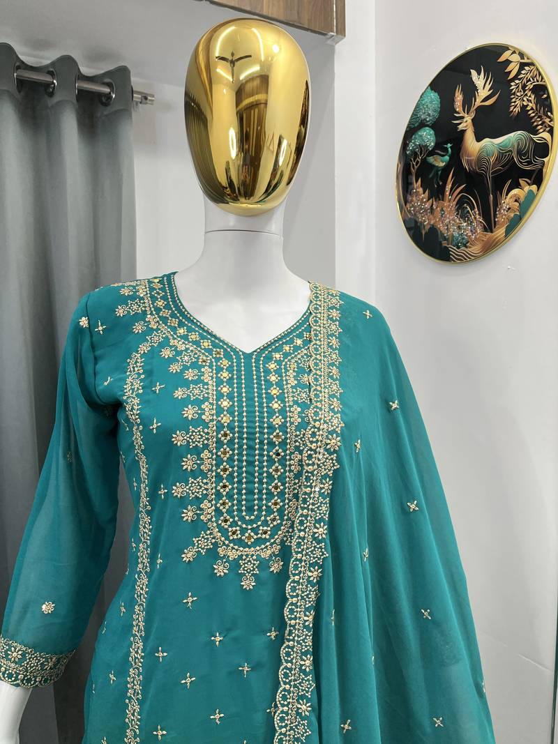 Teal color faux georgette embroidery work party wear salwar suit