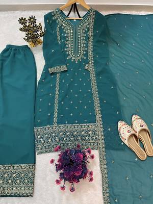 Teal color faux georgette embroidery work party wear salwar suit 3