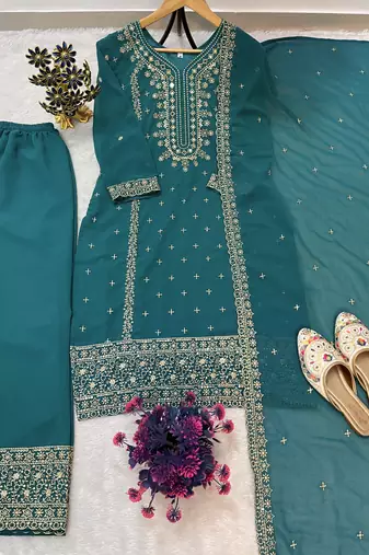 Teal color faux georgette embroidery work party wear salwar suit