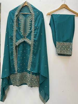 Teal color faux georgette embroidery work party wear salwar suit 4