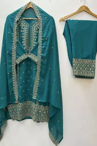 Teal color faux georgette embroidery work party wear salwar suit
