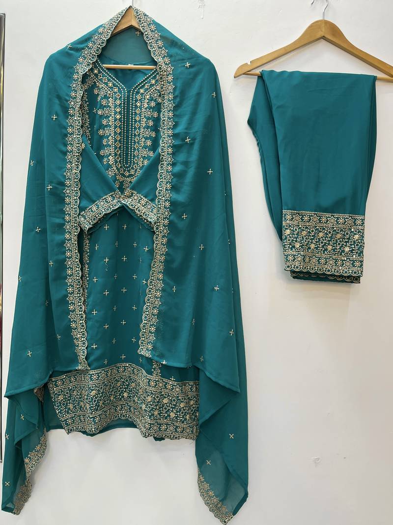 Teal color faux georgette embroidery work party wear salwar suit
