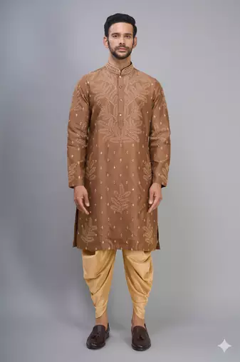 chiku embroidered silk men’s kurta patiala set