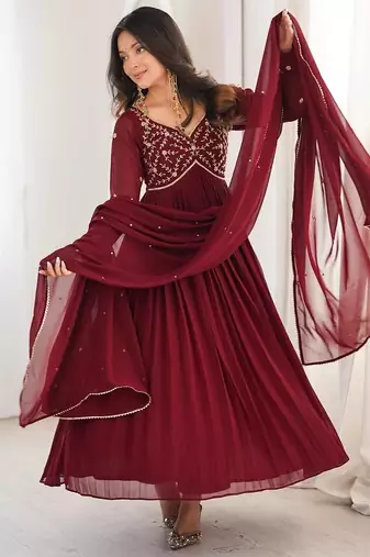 Maroon georgette   party wear embroidery anarkali   suit set