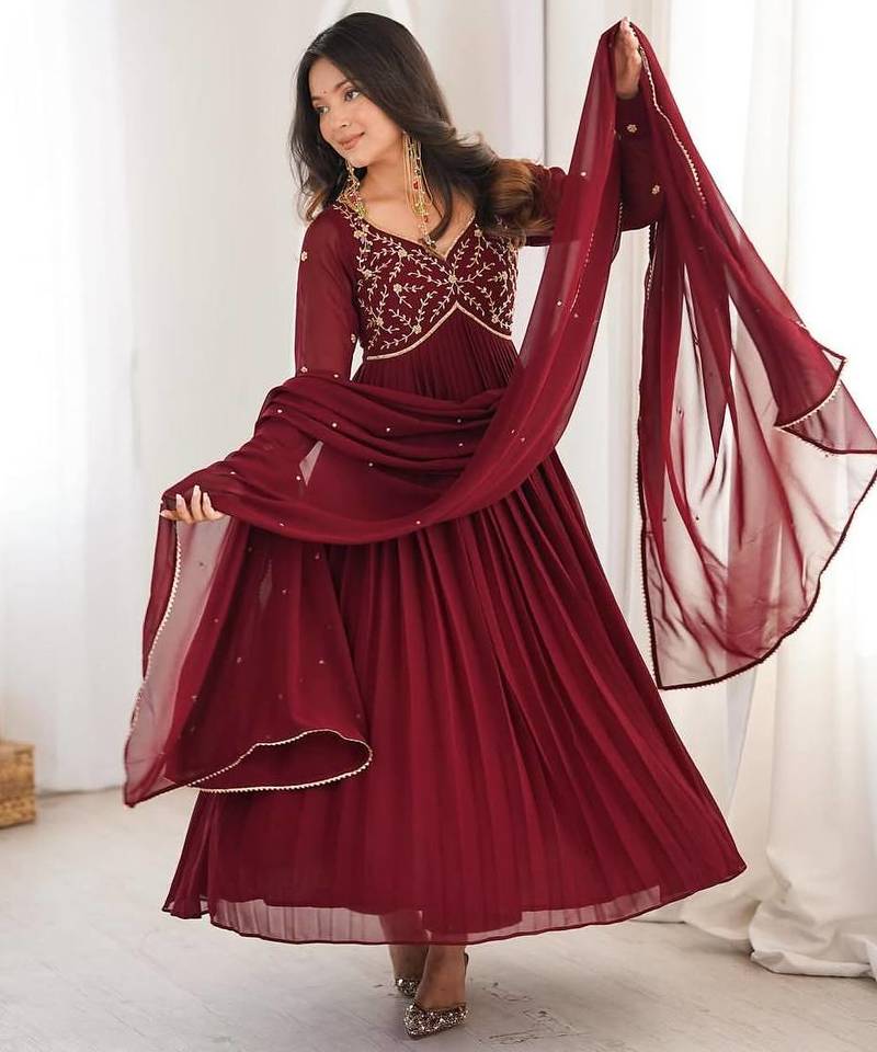 Maroon georgette   party wear embroidery anarkali   suit set