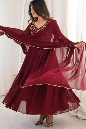 Maroon georgette   party wear embroidery anarkali   suit set