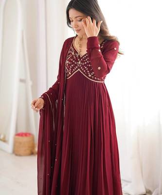 Maroon georgette   party wear embroidery anarkali   suit set 4