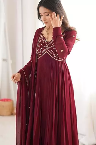 Maroon georgette   party wear embroidery anarkali   suit set