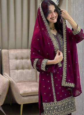 Wine color faux georgette embroidery work party wear salwar suit 2