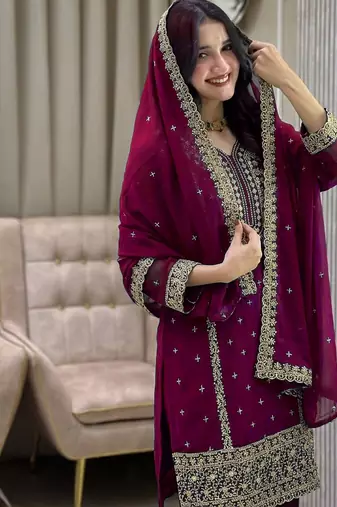 Wine color faux georgette embroidery work party wear salwar suit