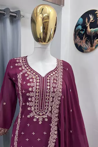 Wine color faux georgette embroidery work party wear salwar suit