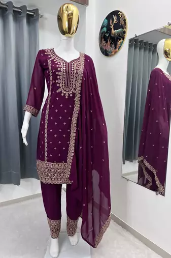 Wine color faux georgette embroidery work party wear salwar suit