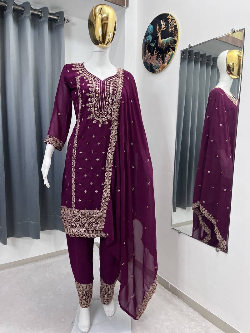 Wine color faux georgette embroidery work party wear salwar suit