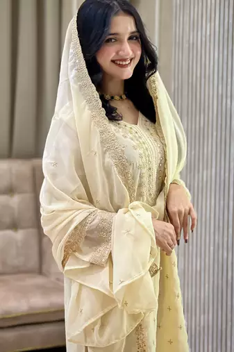 White color faux georgette embroidery work party wear salwar suit