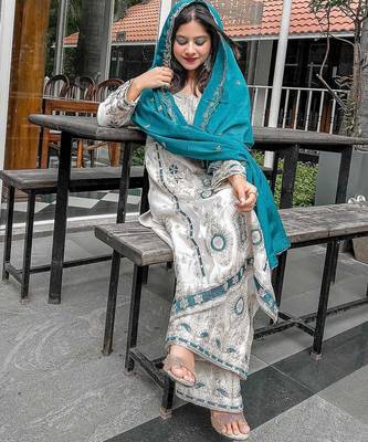White color chinnon silk party wear trending plazo set 2