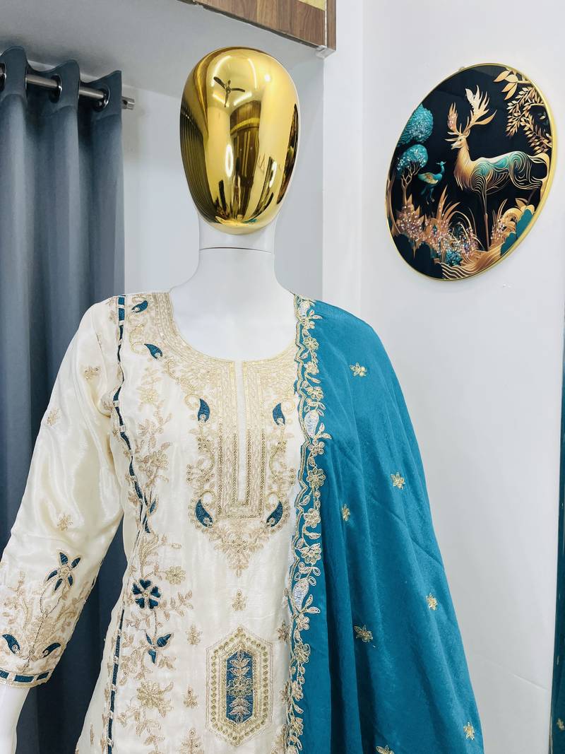 White color chinnon silk party wear trending plazo set