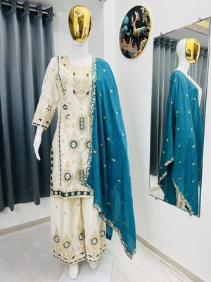 White color chinnon silk party wear trending plazo set 4