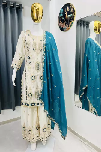 White color chinnon silk party wear trending plazo set
