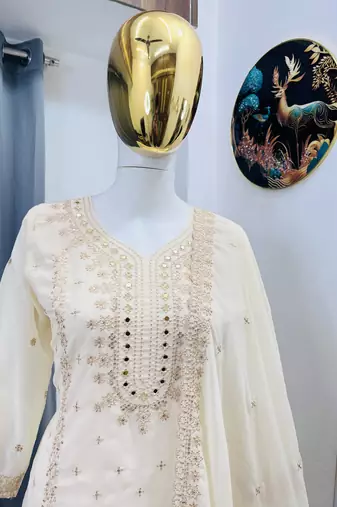 White color faux georgette embroidery work party wear salwar suit