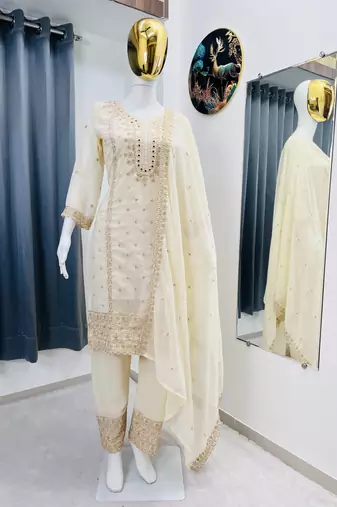 White color faux georgette embroidery work party wear salwar suit