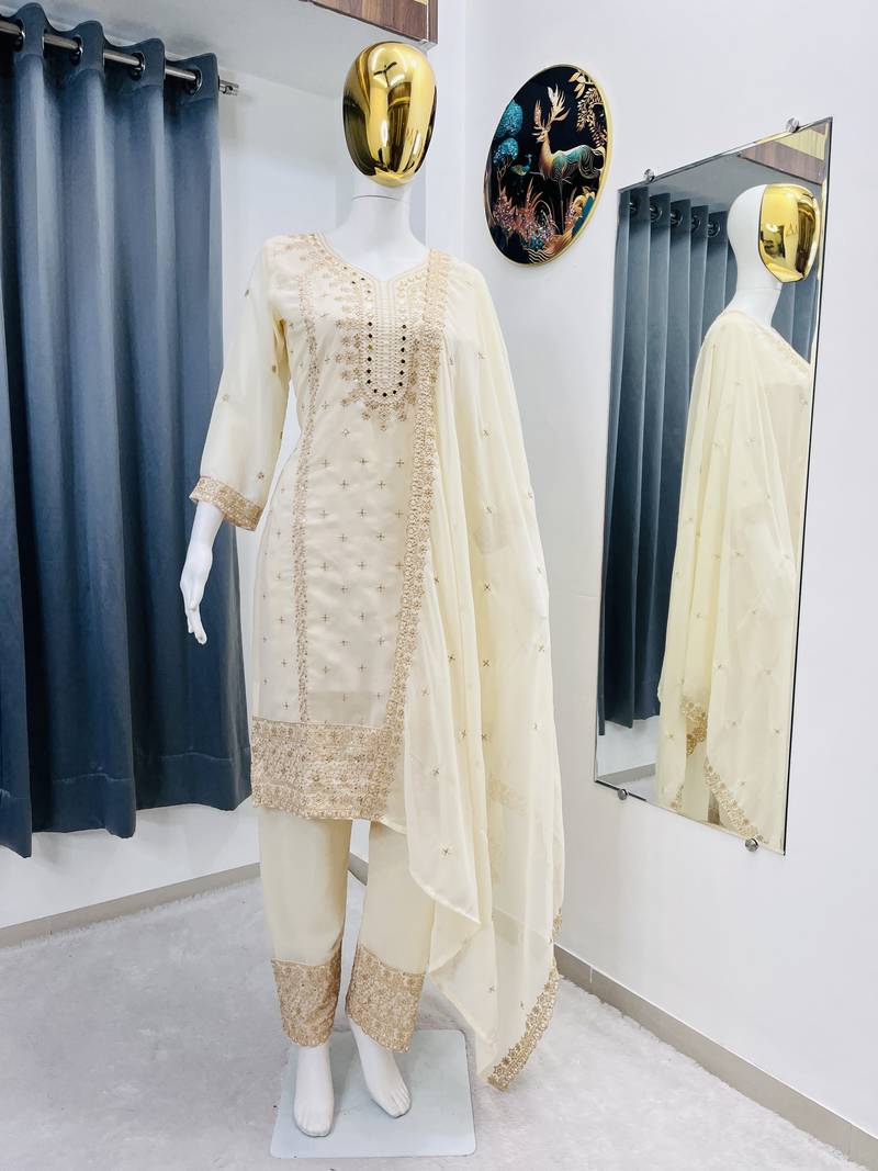 White color faux georgette embroidery work party wear salwar suit