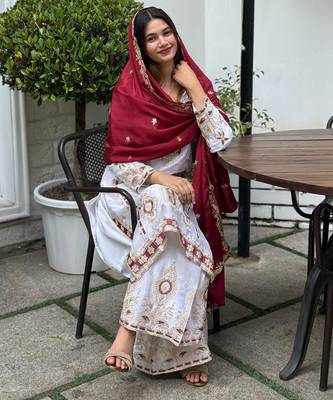 White color chinnon silk party wear trending plazo set 2