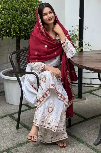 White color chinnon silk party wear trending plazo set