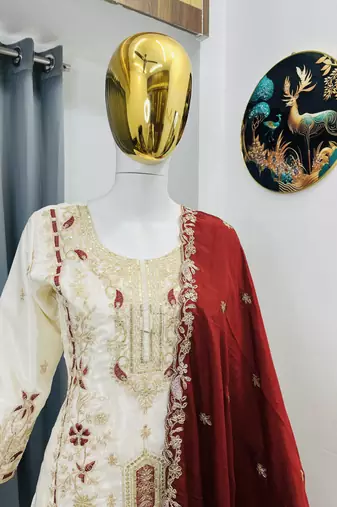 White color chinnon silk party wear trending plazo set